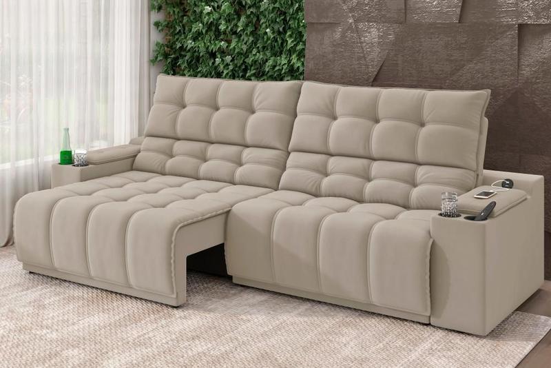 Imagem de Sofá Connect Premium 2,00m Assento Retrátil/Reclinável com porta copos e entrada USB Suede Areia