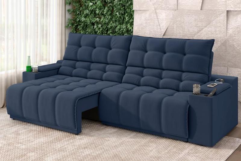 Imagem de Sofá Connect Premium 2,00m Assento Retrátil/Reclinável com porta copos e entrada USB Suede Azul