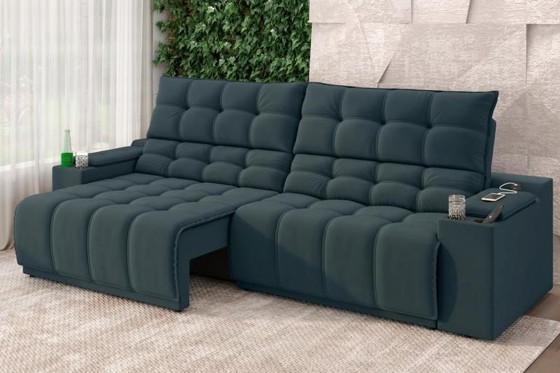Imagem de Sofá Connect Premium 2,00m Assento Retrátil/Reclinável com porta copos e entrada USB Suede Petróleo
