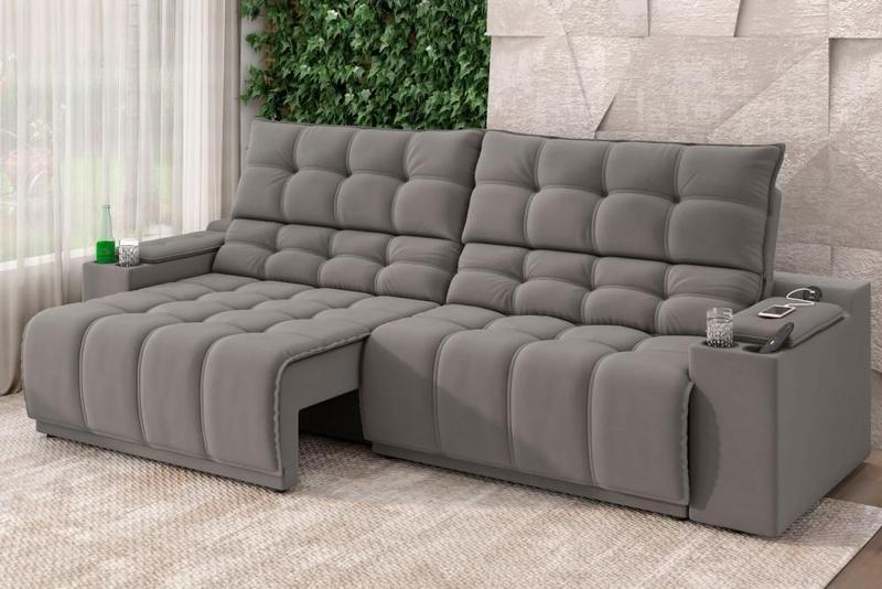 Imagem de Sofá Connect Premium 2,30m Assento Retrátil/Reclinável com porta copos e entrada USB Suede Cinza