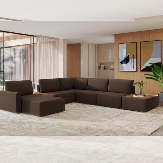 Imagem de Sofá de Canto 5 lugares com Chaise Modular Moderno Premium Veludo Marrom Agatha