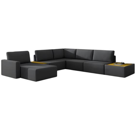 Imagem de Sofá de Canto 5 lugares com Chaise Modular Moderno Premium Veludo Preto Agatha