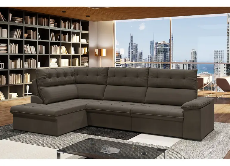 Sofá de Canto 6 Lugares Retrátil Reclinável Suede Veludo Madrid Flex - Flexforma Estofados Imagem de Sofá de Canto 6 Lugares Retrátil Reclinável Suede Veludo Madrid Flex