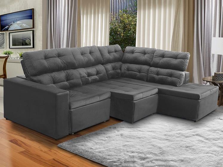 Imagem de Sofá de Canto Chaise D 293 x 220 Cm Retrátil Reclinável Mola Bonnel D26 Prime Suede Cinza - SóSofá