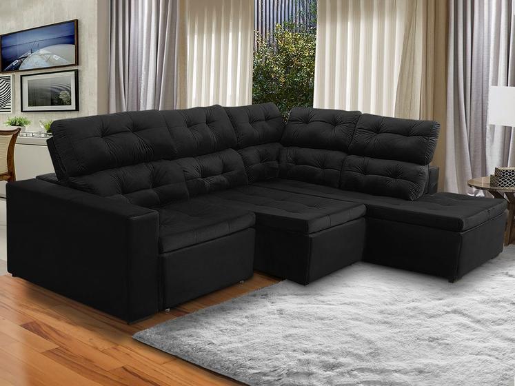 Imagem de Sofá de Canto Chaise D 293 x 220 Cm Retrátil Reclinável Mola Bonnel D26 Prime Suede Preto - SóSofá