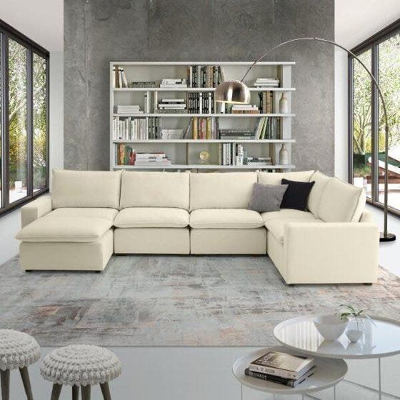 Imagem de Sofá de Canto Modular Hug 6 Lugares 363x193cm com Puff em Linho CabeCasa MadeiraMadeira