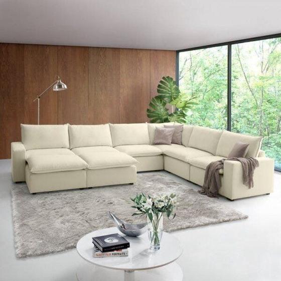 Imagem de Sofá de Canto Modular Hug 8 Lugares 363x278cm com Puff em Linho CabeCasa MadeiraMadeira