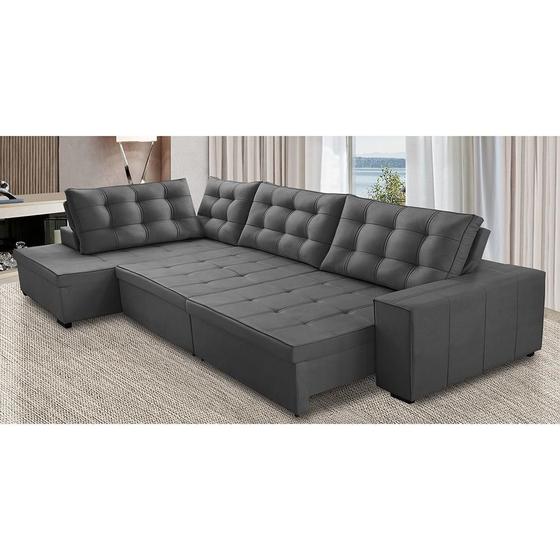 Sofá de Canto Retrátil e Reclinável com Molas 3,00x2,00 LE Jacke Suede Cinza Madelina Decor Menor preço em Sofá de Canto Retrátil e Reclinável com Molas 3,00x2,00 LE Jacke Suede Cinza Madelina Decor