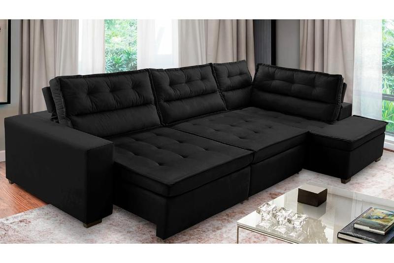 Imagem de Sofá de Canto Retrátil e Reclinável com Molas 3,40x2,00 Virginia Suede Preto Adonai Estofados