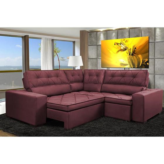 Imagem de Sofa de Canto Retrátil e Reclinável com Molas Cama inBox Austin 2,30m x 2,30m Suede Velusoft Vinho