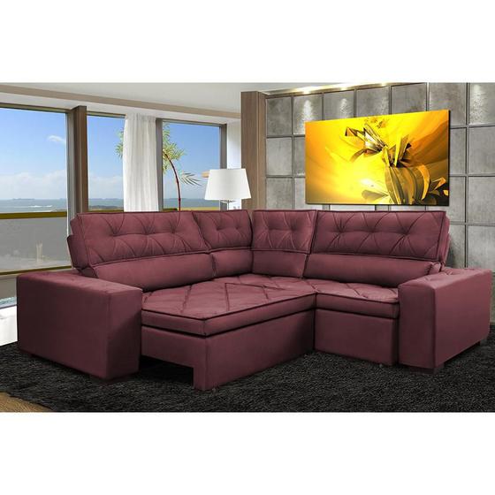 Imagem de Sofa de Canto Retrátil e Reclinável com Molas Cama inBox Austin 2,50m x 2,50m Suede Velusoft Vinho