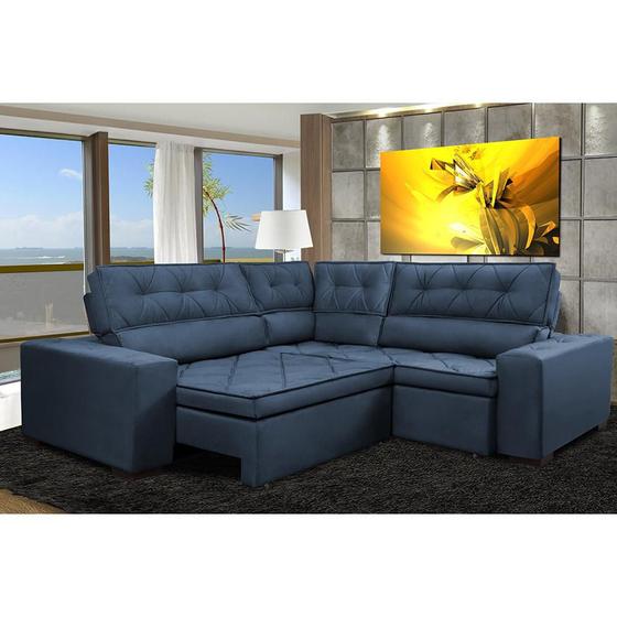 Imagem de Sofa de Canto Retrátil e Reclinável com Molas Cama inBox Austin 2,70m x 2,70m Suede Velusoft Azul