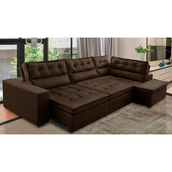 Imagem de Sofá de Canto Retrátil e Reclinável com Molas LD 3,40x2,00m Viviane Suede Marrom Madelina Decor