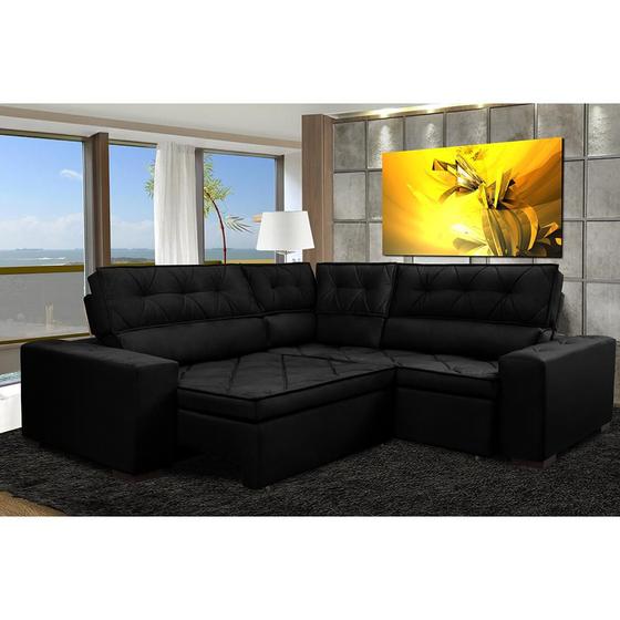 Imagem de Sofá de Canto Retrátil, Reclinável, Molas Cama inBox Austin 2,20m x 2,20m Suede Velusoft Preto