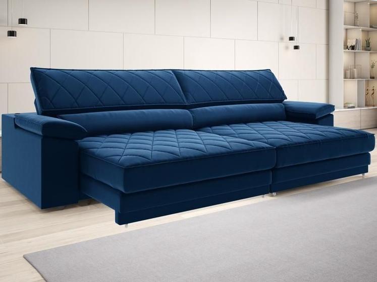 Imagem de Sofá de Duplo Molejo com Carregador USB, Retrátil e Reclinável Valencia 2,90m Veludocristal Azul Marinho- NETSOFAS