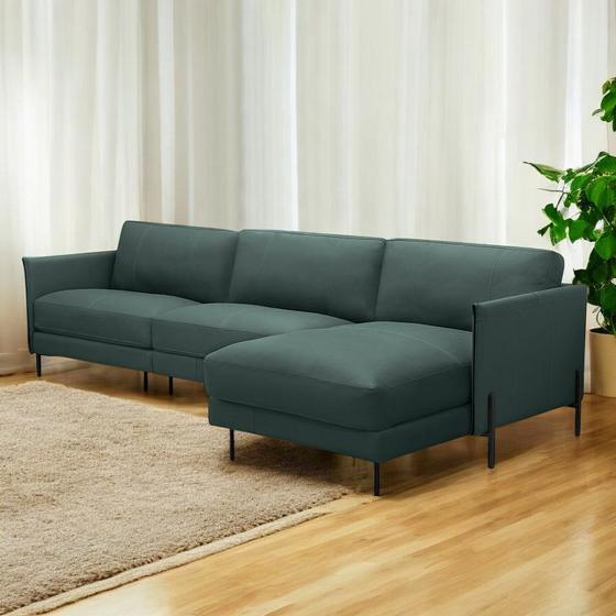 Imagem de Sofá Decorativo Karine 5 Lugares Sala de estar 300cm com Chaise Pés em Aço material sintético Musgo G88 - Gran Belo