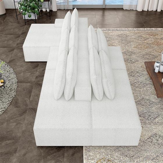 Imagem de Sofá Ilha com Encosto e Almofadas Delta 375cm Modulado Chaise e Puffs Bouclê Off white G52 - Gran Belo