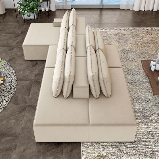 Imagem de Sofá Ilha com Encosto e Almofadas Delta 395cm Modulado Chaise e Puffs Veludo Bege G52 - Gran Belo