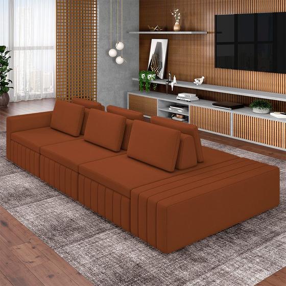 Imagem de Sofá Ilha com Encosto e Almofadas Móveis Olimpo 335cm Modulado Linho Terracota G45 - Gran Belo