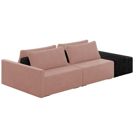 Imagem de Sofá Ilha Modular Para Sala 252cm com Puff Dublin K01 Veludo Rosê e Sintético Preto - Lyam Decor