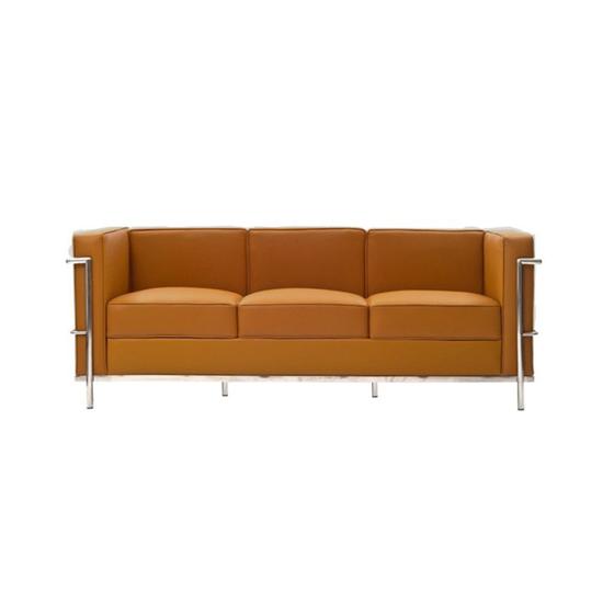 Imagem de Sofa Le Corbusier 3 Lugares Cromado em Couro Natural Caramelo