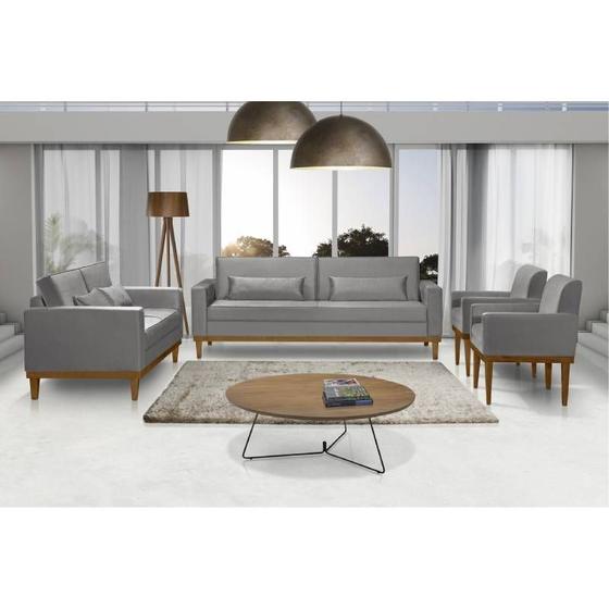 Imagem de Sofá Living 3 e 2 Lugares Valência - 2,20/1,58mts + 02 Poltronas C/ Base Madeira de Reflorestamento - Veludo Cinza