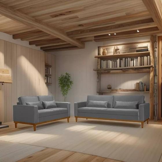 Sofá Living 3 e 2 Lugares Valência - 2,20/1,58mts - Veludo Cinza - Estofados Pérola Menor preço em Sofá Living 3 e 2 Lugares Valência - 2,20/1,58mts - Veludo Cinza - Estofados Pérola
