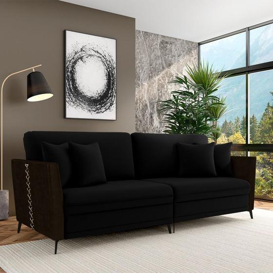 Imagem de Sofá Living Decorativo Zagreb 2 Lugares 182cm com Almofadas Pés de Ferro Veludo/PU Preto/Marrom G33 - Gran Belo