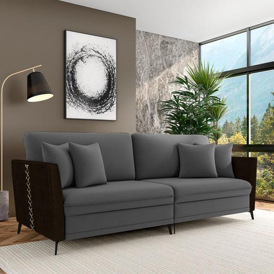 Imagem de Sofá Living Decorativo Zagreb 2 Lugares 202cm com Almofadas Pés de Ferro Veludo/PU Grafite/Marrom G33 - Gran Belo