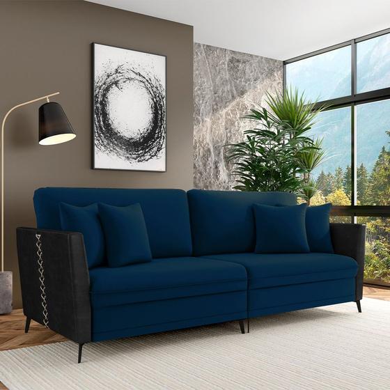 Imagem de Sofá Living Decorativo Zagreb 3 Lugares 242cm com Almofadas Pés de Ferro Veludo/PU Azul/Preto G33 - Gran Belo