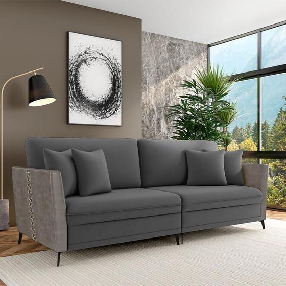 Imagem de Sofá Living Decorativo Zagreb 3 Lugares 262cm com Almofadas Pés de Ferro Veludo/PU Grafite/Cinza G33 - Gran Belo