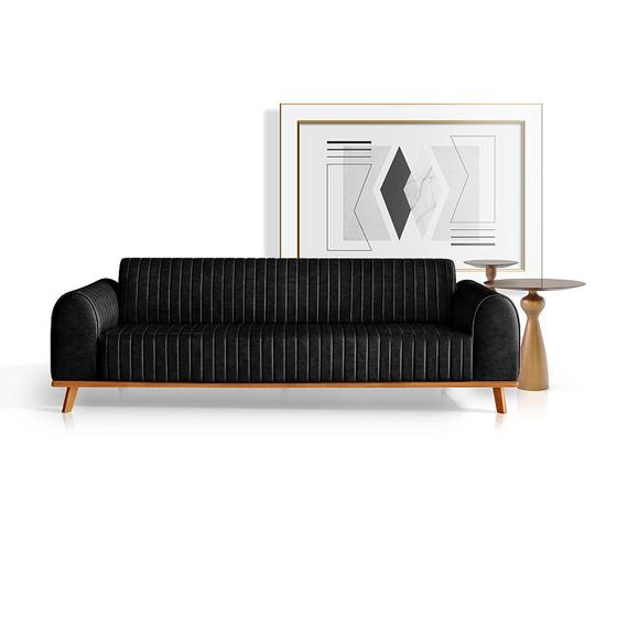 Imagem de Sofá Living Luxo Átila 2,10m em material ecológico Preto Base Madeira Maciça