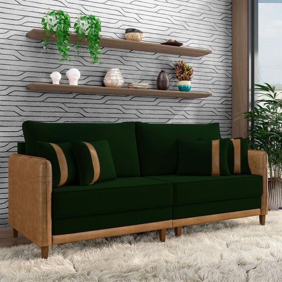 Imagem de Sofá Living Montecarlo 2 Lugares Bipartido 172cm Pés em Madeira Veludo/PU Verde/Caramelo G33 - Gran Belo