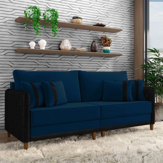 Imagem de Sofá Living Montecarlo 2 Lugares Bipartido 192cm Pés em Madeira Veludo/PU Azul/Preto G33 - Gran Belo