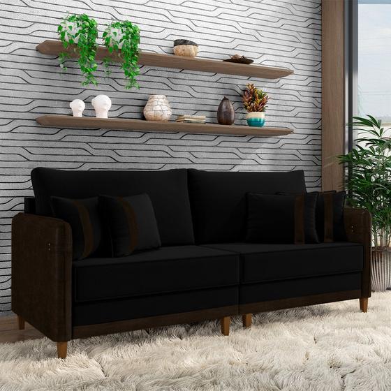 Imagem de Sofá Living Montecarlo 2 Lugares Bipartido 192cm Pés em Madeira Veludo/PU Preto/Marrom G33 - Gran Belo