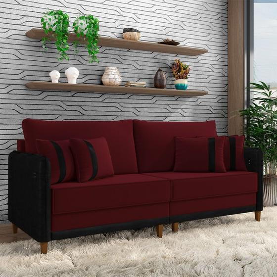 Imagem de Sofá Living Montecarlo 2 Lugares Bipartido 212cm Pés em Madeira Veludo/PU Bordô/Preto G33 - Gran Belo