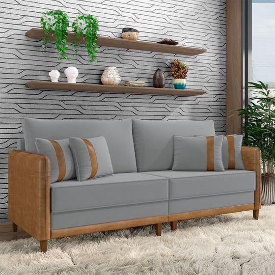 Imagem de Sofá Living Montecarlo 2 Lugares Bipartido 212cm Pés em Madeira Veludo/PU Cinza/Caramelo G33 - Gran Belo