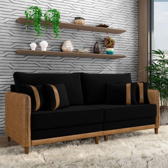 Imagem de Sofá Living Montecarlo 3 Lugares Bipartido 232cm Pés em Madeira Veludo/PU Preto/Caramelo G33 - Gran Belo