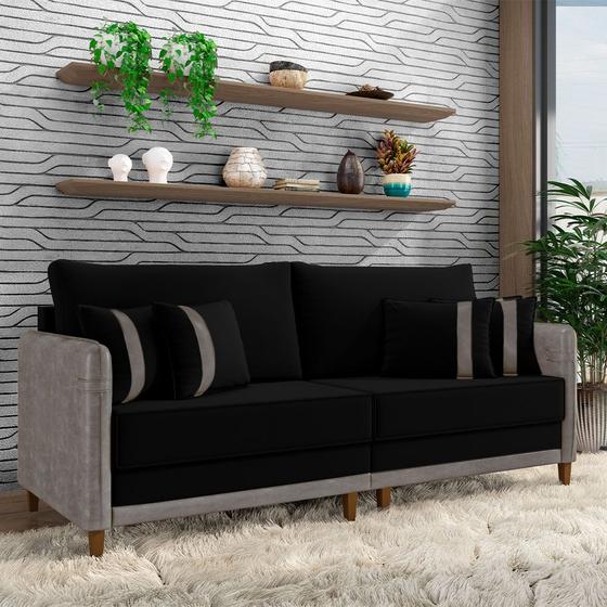 Imagem de Sofá Living Montecarlo 3 Lugares Bipartido 232cm Pés em Madeira Veludo/PU Preto/Cinza G33 - Gran Belo