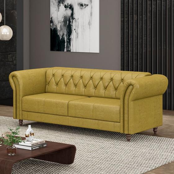 Imagem de Sofá Living Sala de Estar Stanford Chesterfield 2 Lugares 220cm Pés de Madeira Couro Bege Manchado G58 - Gran Belo