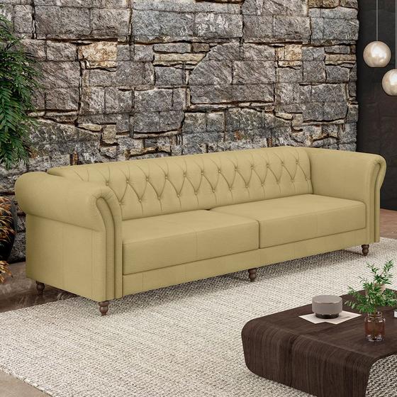 Imagem de Sofá Living Sala de Estar Stanford Chesterfield 3 Lugares 240cm Pés de Madeira Couro Bege G58 - Gran Belo