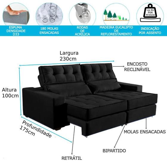 Sofá Luxo 4 Lugares Com Molas Ensacadas Retrátil e Reclinável 2,30m