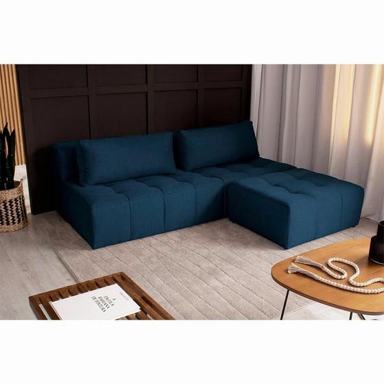 Imagem de Sofá Modular 3 Lugares com Puff Soho Linho Azul Marinho
