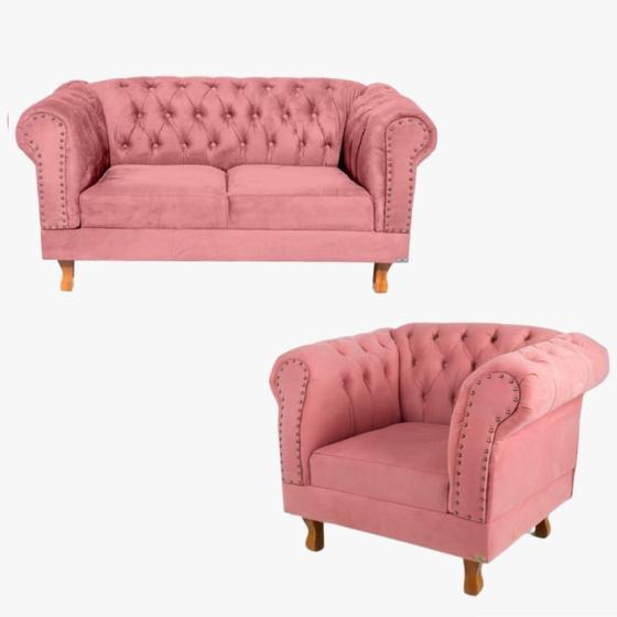 Sofá Namoradeira 2 Lugares Duque Capitonê + 1 Poltrona Duque Suede Rosa Chesterfield Para Sala/Recepção/Barbearia Menor preço em Sofá Namoradeira 2 Lugares Duque Capitonê + 1 Poltrona Duque Suede Rosa Chesterfield Para Sala/Recepção/Barbearia