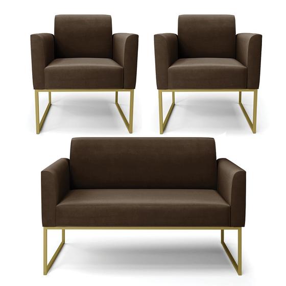 Imagem de Sofá Namoradeira com 2 Poltronas Base Industrial Dourado Marisa Suede Marrom D03 - D'Rossi