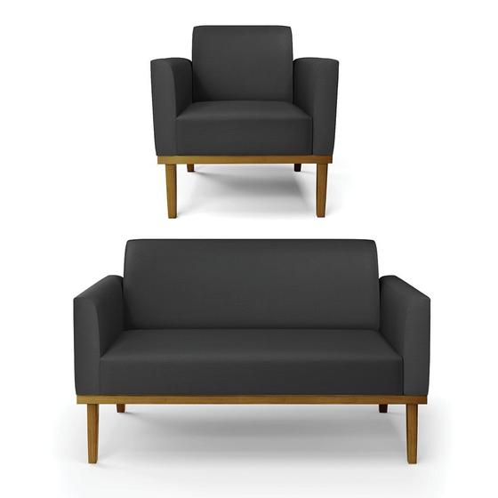 Imagem de Sofá Namoradeira com Poltrona Base de Madeira Fixa Castanho Marisa material sintético Preto D03 - D'Rossi