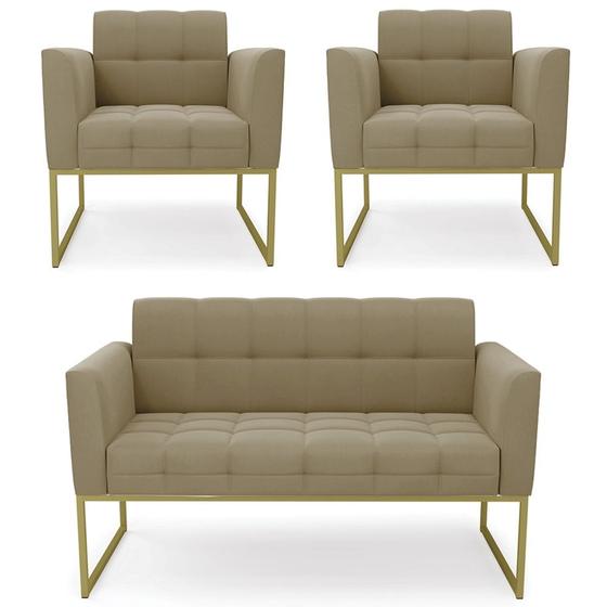 Imagem de Sofá Namoradeira e 2 Poltronas Base Industrial Dourado Ana Suede Marrom RT - Ibiza