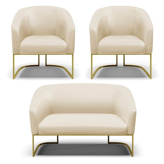 Imagem de Sofá Namoradeira e 2 Poltronas Base Industrial Dourado Stella material sintético Bege D03 - D'Rossi