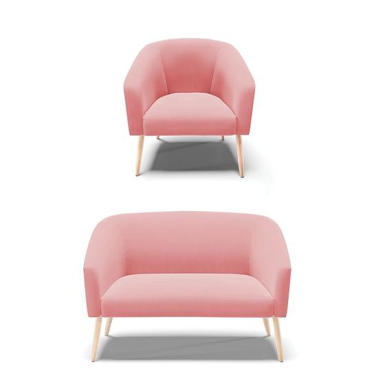 Imagem de Sofá Namoradeira e Poltrona Pé Palito Natural Stella Suede Rosê D03 - D'Rossi