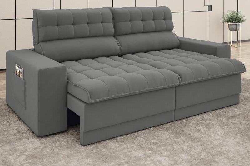 Sofá Omega 2,00m Assento Retrátil e Reclinável Velosuede Grafite - NETSOFAS